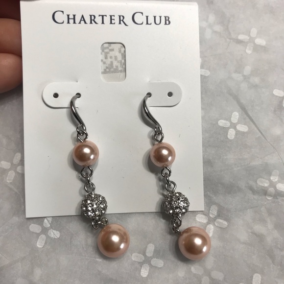 Charter Club Pink Silver Faux Pearl Drop Earrings - Picture 5 of 8